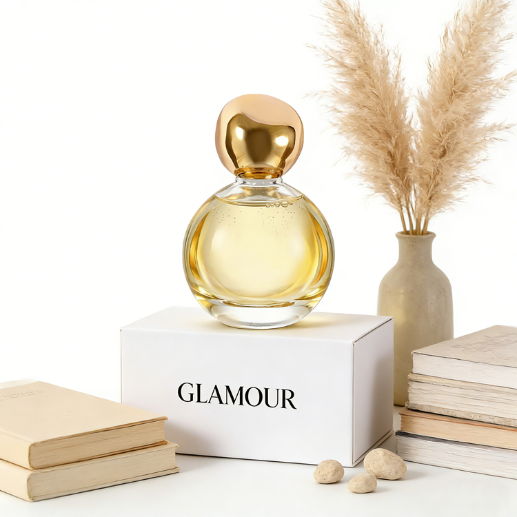  Frasco de perfume de vidro esférico de luxo com tampa dourada embalagem de fragrância personalizada de alta qualidade