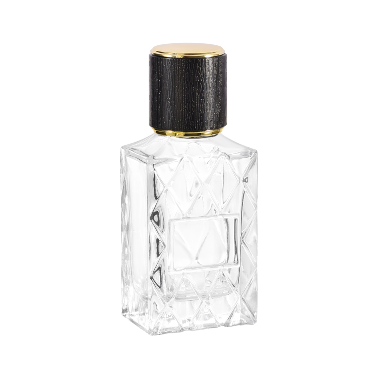 Frasco de perfume de vidro luxuoso em relevo de 30ml com tampa preta - embalagem de frasco de fragrância transparente personalizada