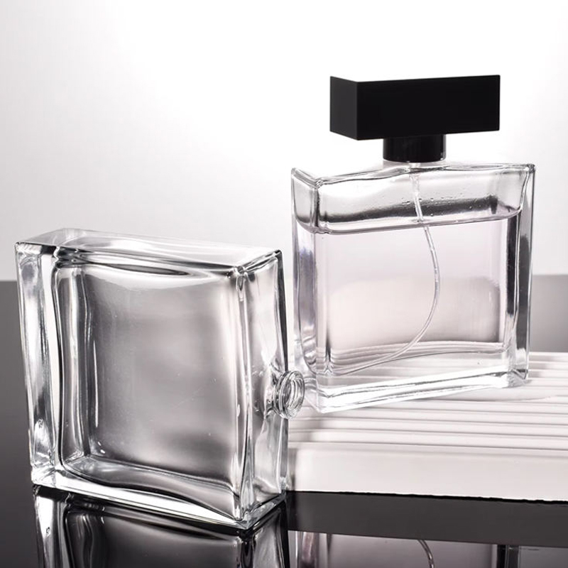 50ml 100ml frasco de perfume de vidro transparente quadrado plano sofisticado sofisticado 