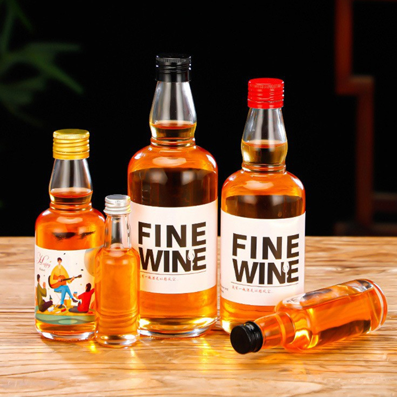 Garrafa redonda de vidro para vodca, tequila, uísque, 50ml, 100ml, 200ml, 375ml, 500ml, garrafa de vidro de licor com tampa de rosca