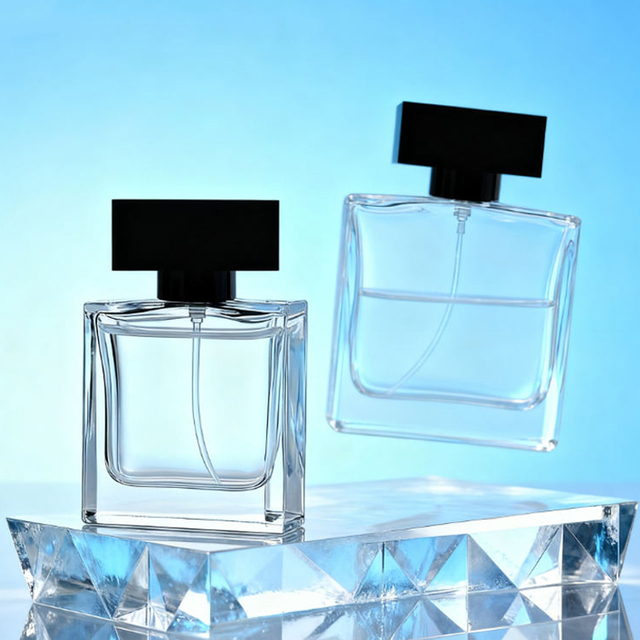 50ml 100ml frasco de perfume de vidro transparente quadrado plano sofisticado sofisticado 