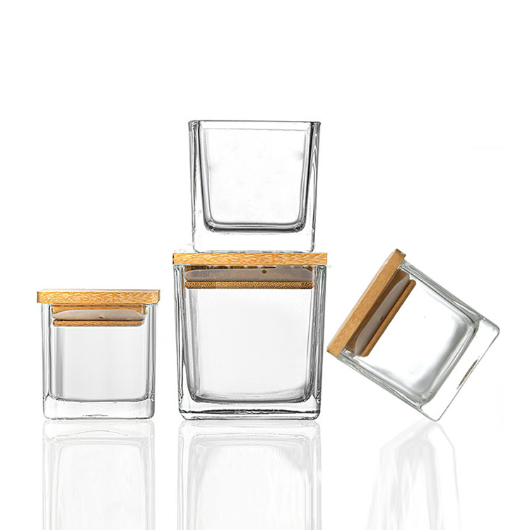 Frascos de vela quadrados vazios baratos de 80ml 120ml 200ml 300ml transparentes com tampa de cortiça de madeira natural