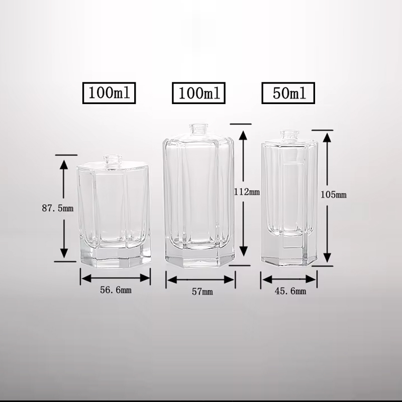 Frasco de perfume hexagonal exclusivo de 50ml e 100ml com pulverizador de bomba e etiquetas personalizadas