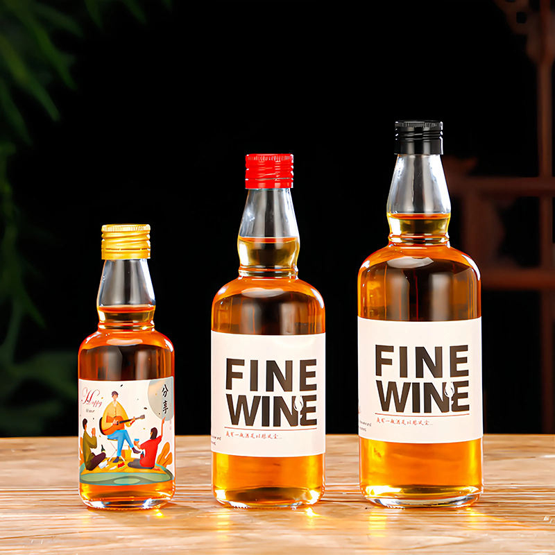 Garrafa redonda de vidro para vodca, tequila, uísque, 50ml, 100ml, 200ml, 375ml, 500ml, garrafa de vidro de licor com tampa de rosca