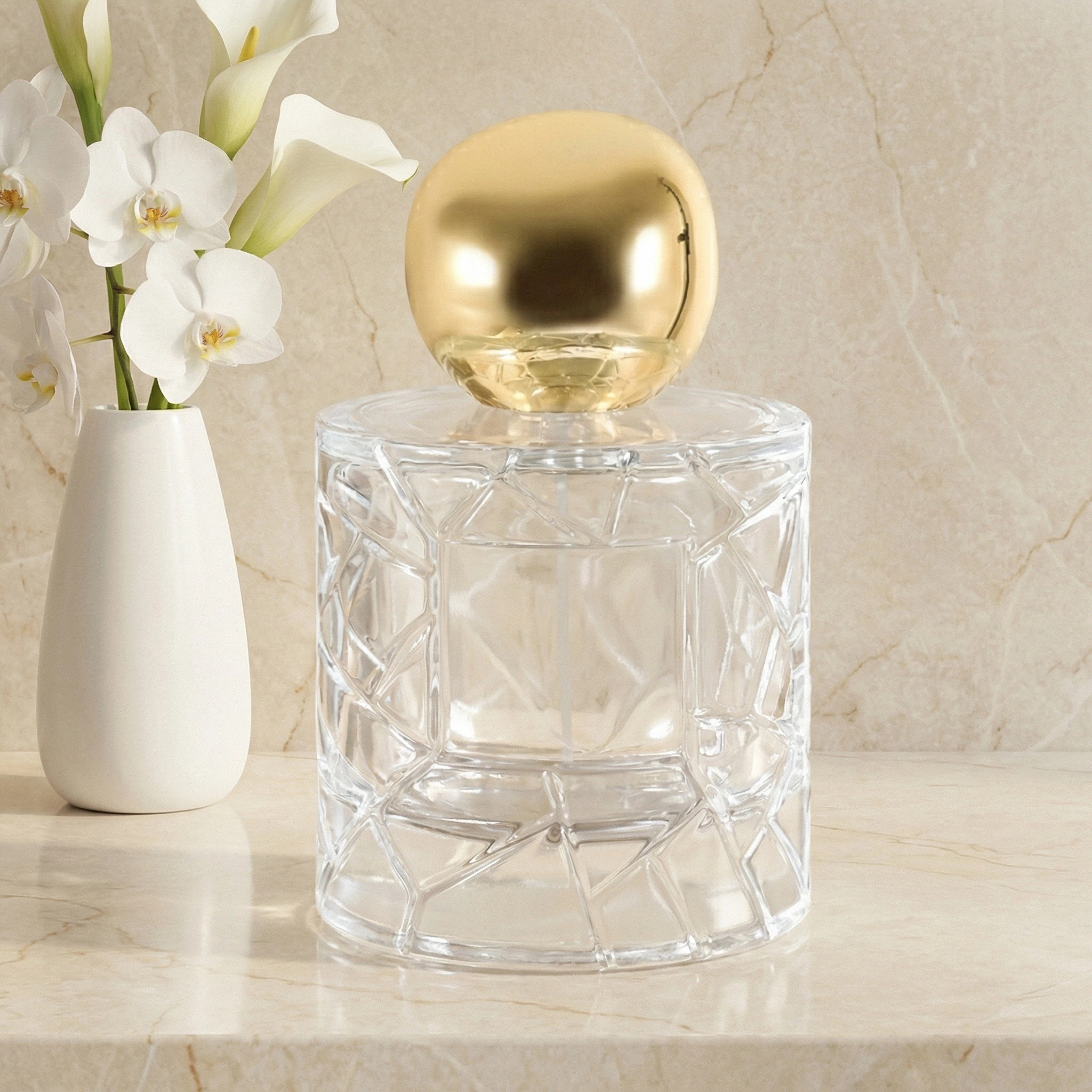 Frasco de perfume de vidro redondo luxuoso com corte de diamante 50ml 100ml com tampa de metal para embalagens de fragrâncias masculinas