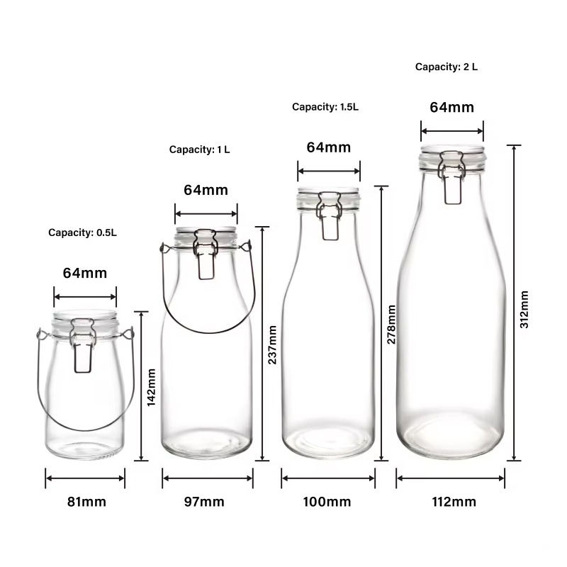 0,5L 1L 1,5L 2L Frasco de armazenamento de vidro para alimentos de cozinha Frascos de vidro herméticos com tampa de vidro de borracha