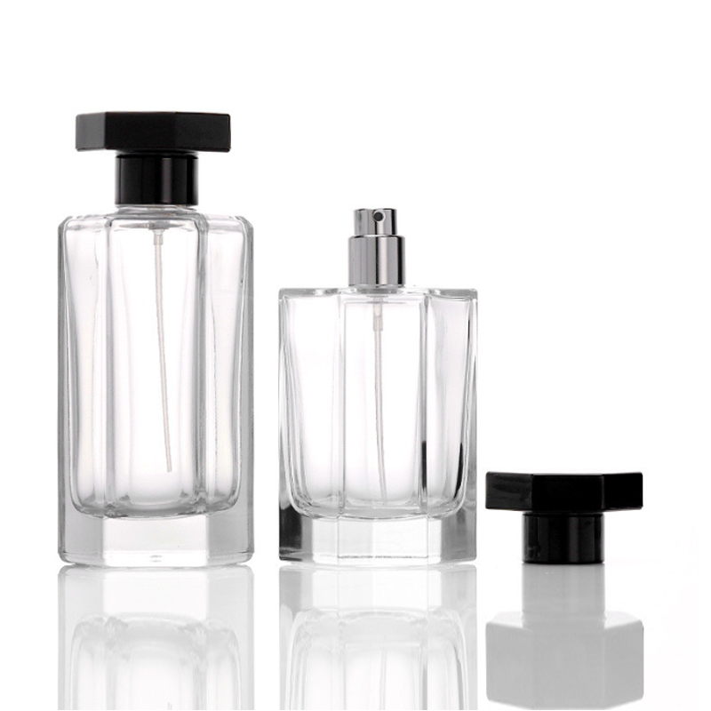 Frasco de perfume hexagonal exclusivo de 50ml e 100ml com pulverizador de bomba e etiquetas personalizadas