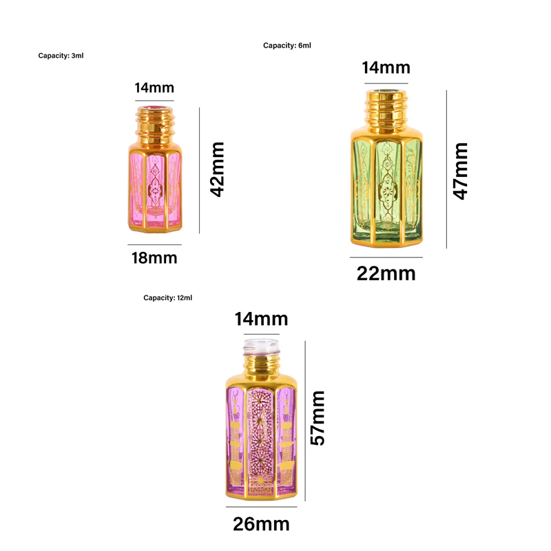 Garrafa de rolo de vidro octogonal 3ml 6ml 12ml Garrafas UV douradas de óleo essencial Attar