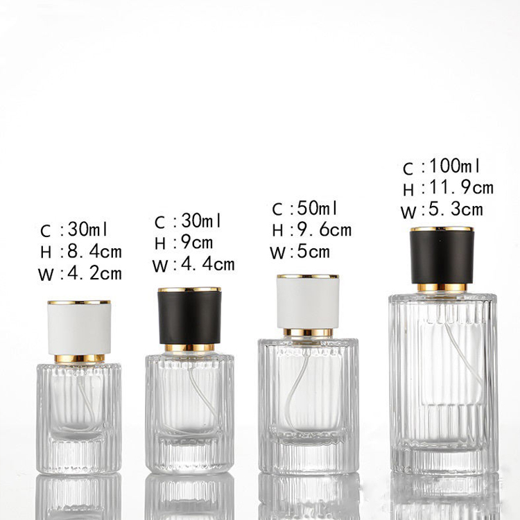 Frasco de perfume de listra vertical personalizado 30ml 50ml 100ml embalagem de atomizador de perfume de luxo vazio redondo 