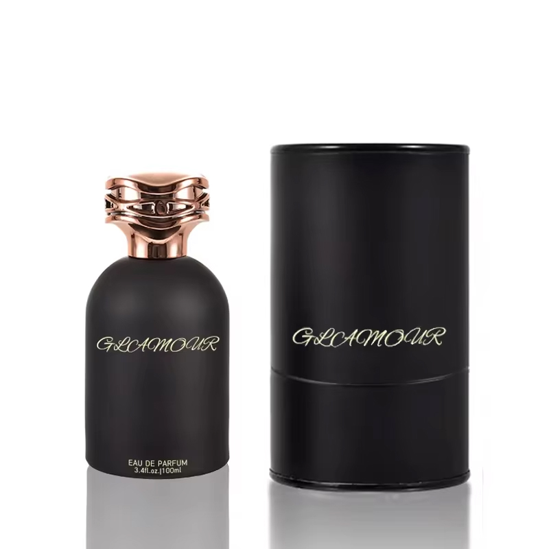 Frasco de perfume de vidro preto com tampa de metal