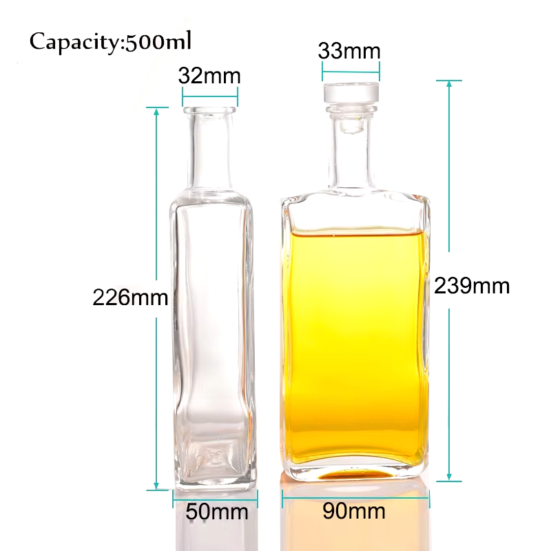 Garrafa de licor de vidro fosco transparente quadrada personalizada com tampa de vidro
