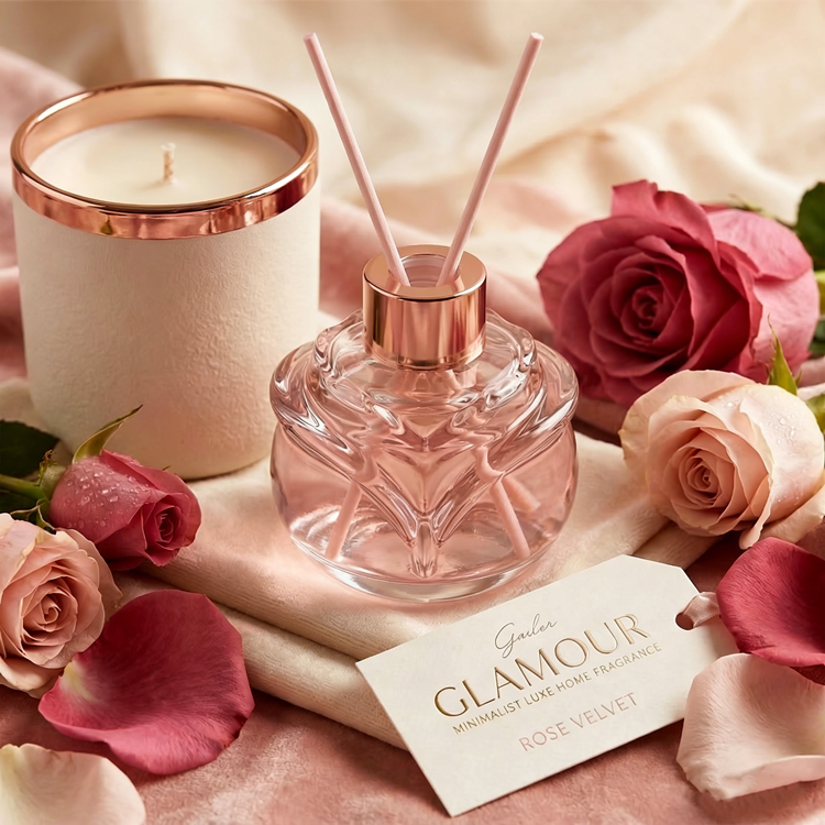 Garrafa difusora de palheta de vidro em formato de rosa de luxo, garrafa decorativa de aromaterapia para fragrância doméstica