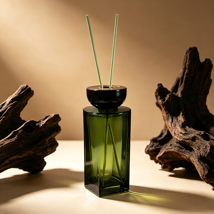 Frasco difusor de palheta de vidro quadrado verde premium com tampa preta Frasco difusor de aromaterapia personalizado para fragrância doméstica